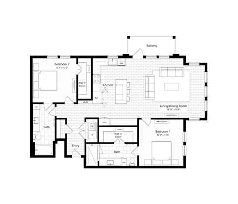 Floor plan for 2 beds, 2 baths, 1288 sqft